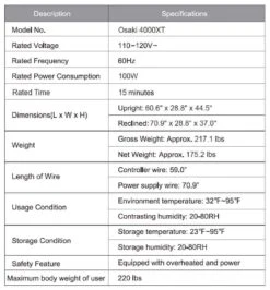 Osaki OS-4000XT Full Body Reclining Massage Chair With LED Light Control 22 Osaki OS-4000XT Full Body Reclining Massage Chair With LED Light Control -Health Care Store Specifications